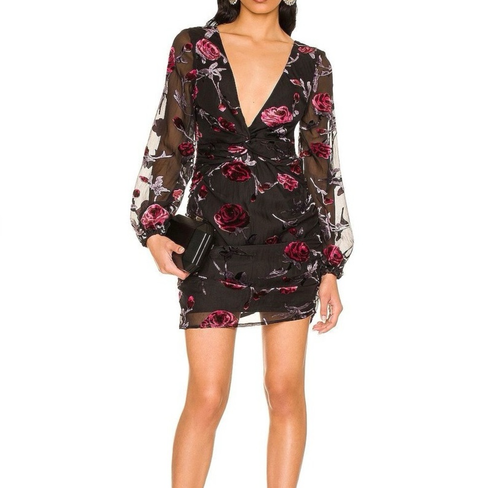 NEW‎ Majorelle Ava Deep V Ruched Sides Dress in Black Floral